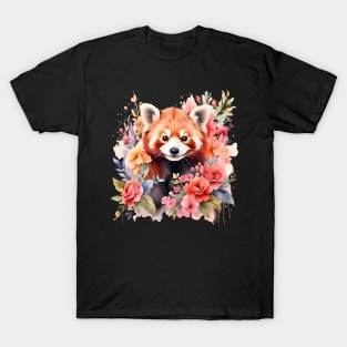 A red panda decorated with beautiful watercolor flowers T-Shirt